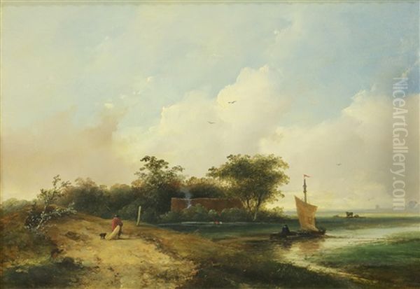 Landschap Aan Een Rivier Met Figuren Oil Painting by Johannes Franciscus Hoppenbrouwers