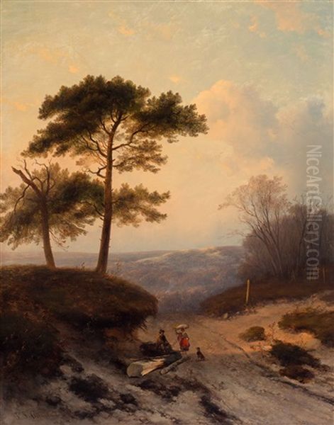 Dune Road With Figures Oil Painting by Johannes Franciscus Hoppenbrouwers