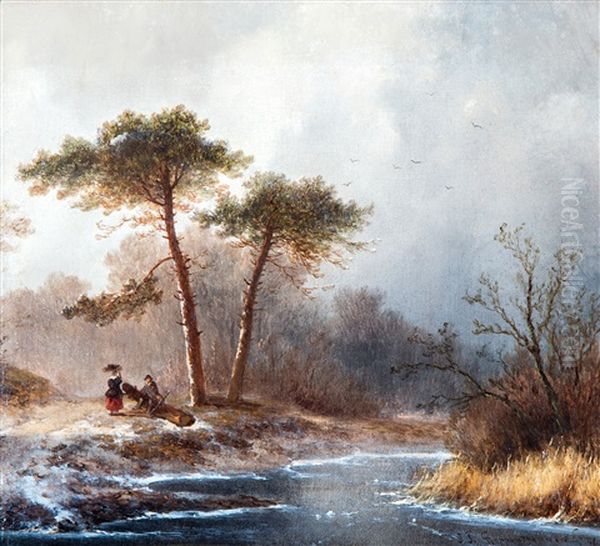 Winterlandschap Met Een Jager En Houtsprokkelaarster Oil Painting by Johannes Franciscus Hoppenbrouwers