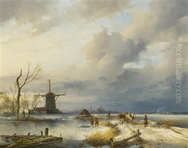 Eisfischer An Einem Hollandischen Kanal Oil Painting by Johannes Franciscus Hoppenbrouwers