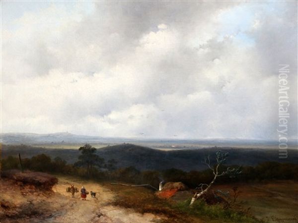 Vrouw Met Ezel Op Een Zandweg In Een Glooiend Landschap Oil Painting by Johannes Franciscus Hoppenbrouwers