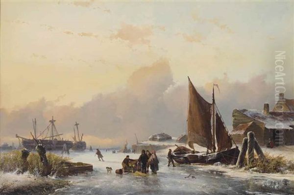 A Winter Day On The Dutch Coast Oil Painting by Johannes Franciscus Hoppenbrouwers