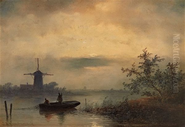 Flussfischer Bei Mondaufgang Oil Painting by Johannes Franciscus Hoppenbrouwers