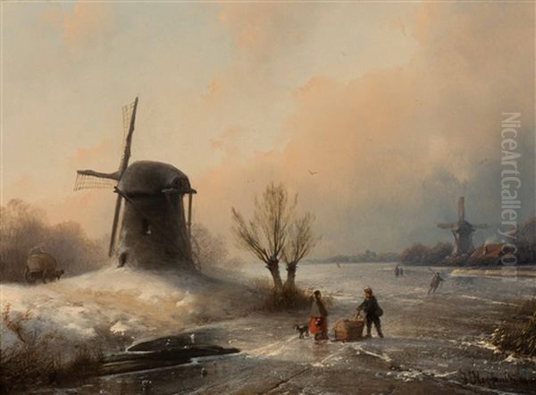 The Private Chat On The Ice By The Mill Oil Painting by Johannes Franciscus Hoppenbrouwers