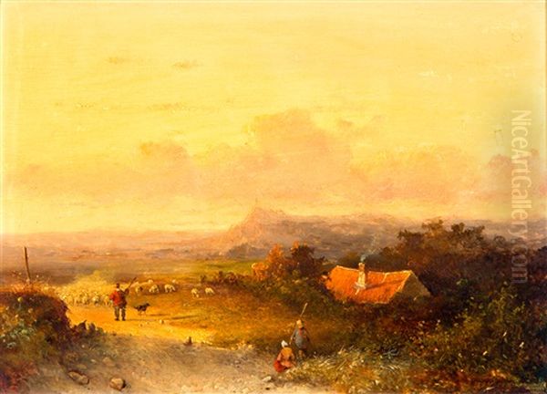 Landschap Met Schaapkudde Bij Ondergaande Zon Oil Painting by Johannes Franciscus Hoppenbrouwers