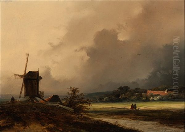 Landscape With Windmill Oil Painting by Johannes Franciscus Hoppenbrouwers