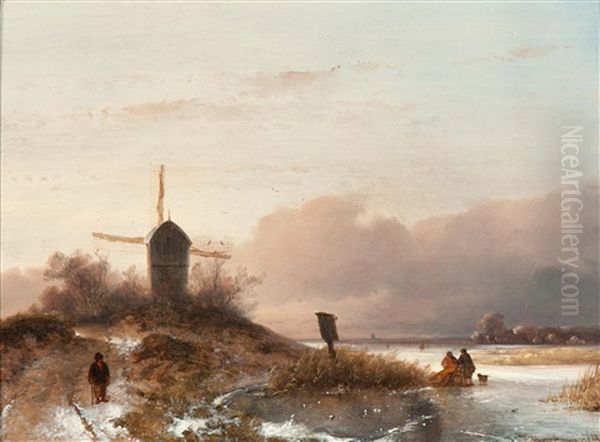 A Stroller In A Winter Landscape Oil Painting by Johannes Franciscus Hoppenbrouwers