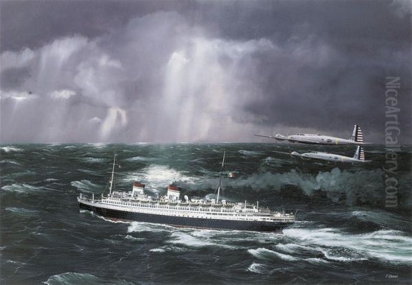 The Italian Liner Rex Under The Surveillance Of Two B-17's Oil Painting by John Stewart Barney