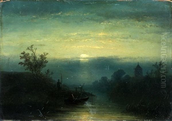 Het Binnenhalen Van De Visnetten Bij Nacht Oil Painting by Johannes Franciscus Hoppenbrouwers