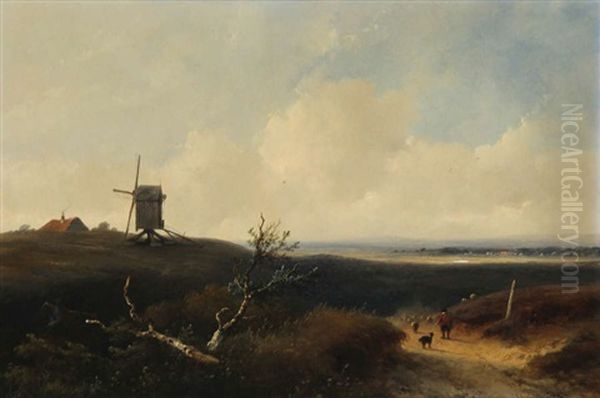 Paysage Accidente Anime D'un Berger Au Mouton Sur Un Chemin Champetre Pres D'un Moulin A Vent Oil Painting by Johannes Franciscus Hoppenbrouwers