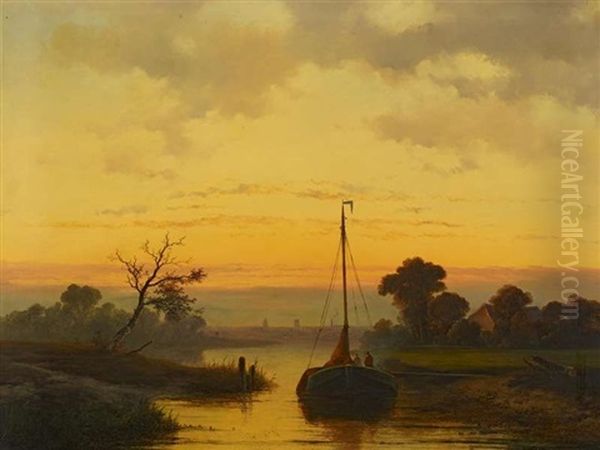 Abendstimmung Am Kanal Oil Painting by Johannes Franciscus Hoppenbrouwers