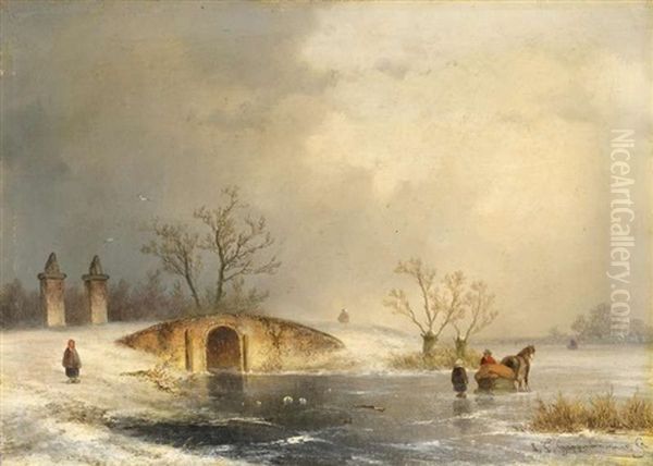 Wintertag Auf Dem Eis Oil Painting by Johannes Franciscus Hoppenbrouwers