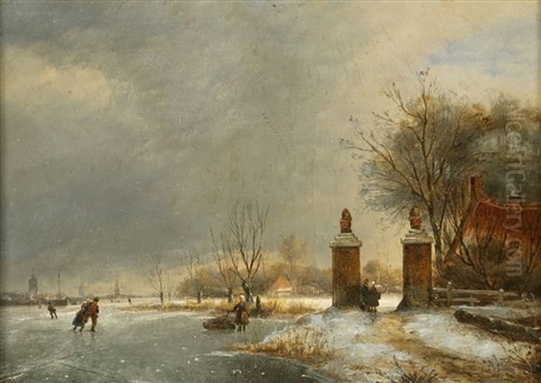 Winter Landscape, With Figure Skating On A River by Johannes Franciscus Hoppenbrouwers