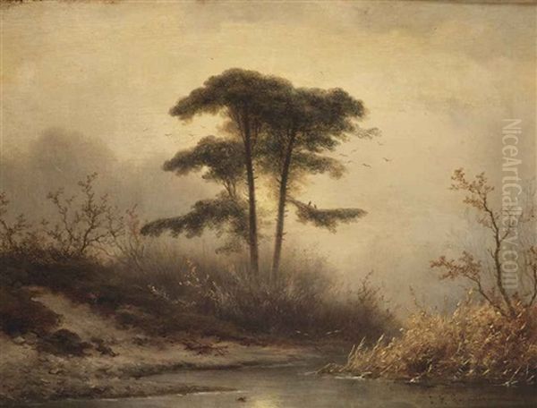 An Oil Sketch Of Trees Near A Stream At Dusk Oil Painting by Johannes Franciscus Hoppenbrouwers