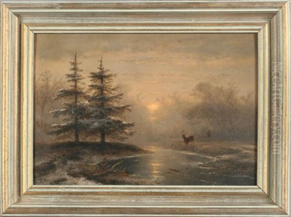 Dutch Winter Landscape Oil Painting by Johannes Franciscus Hoppenbrouwers