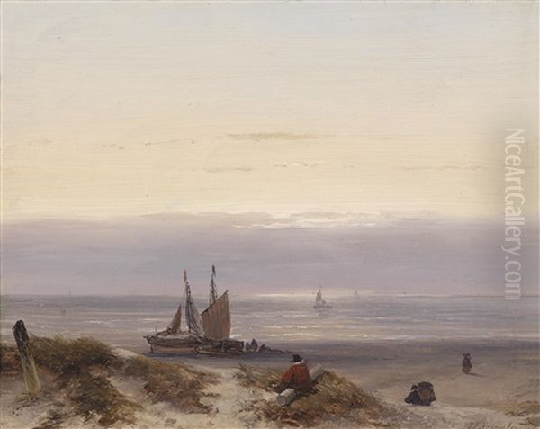 Meereslandschaft Mit Segelbooten Und Figurlicher Staffage Oil Painting by Johannes Franciscus Hoppenbrouwers