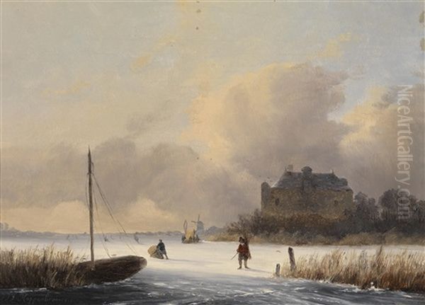 Eislaufer In Einer Hollandischen Winterlandschaft Oil Painting by Johannes Franciscus Hoppenbrouwers