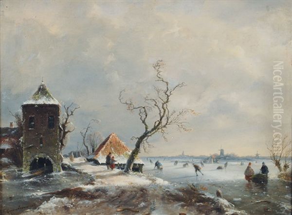 Dutch Landscape In Winter Oil Painting by Johannes Franciscus Hoppenbrouwers