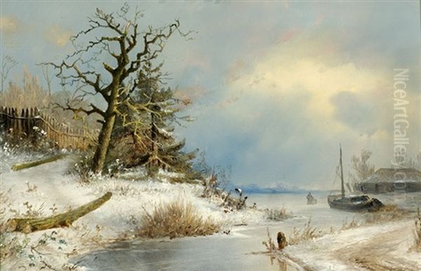 Winter River Landscape Oil Painting by Johannes Franciscus Hoppenbrouwers