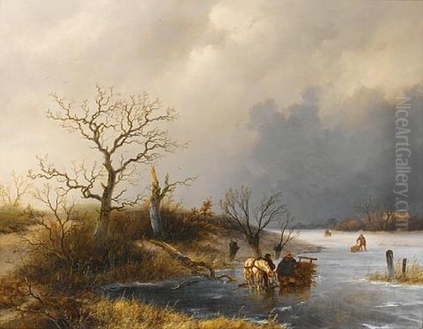 Winter Landscape With Skaters On A Frozen River Oil Painting by Johannes Franciscus Hoppenbrouwers