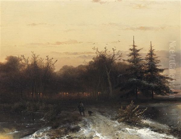 Heimkehr Nach Der Jagd. Ein Forstmann Mit Hund Vor Dichtem Hain Im Abendrot Oil Painting by Johannes Franciscus Hoppenbrouwers