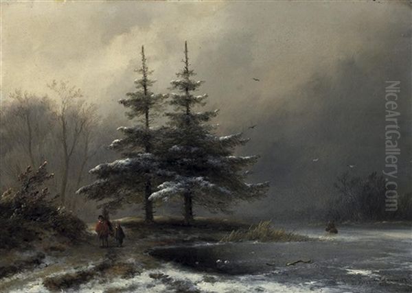 Winterabend. Heimkehrende Reisigsammler Am Ufer Eines Zugefrorenen Sees Oil Painting by Johannes Franciscus Hoppenbrouwers