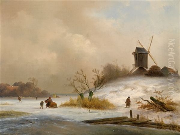 Figures In A Winter Landscape, A Koek En Zopie In The Distance Oil Painting by Johannes Franciscus Hoppenbrouwers