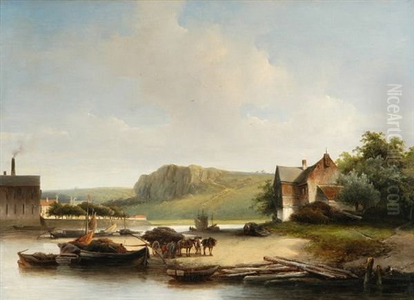 Flusslandschaft Mit Frachtbooten Und Pferdefuhrwerk Oil Painting by Johannes Franciscus Hoppenbrouwers