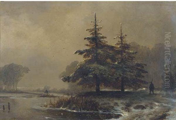 Trees In A Winter Landscape Oil Painting by Johannes Franciscus Hoppenbrouwers