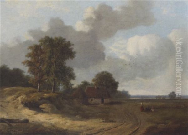 Peasants In A Summer Landscape Oil Painting by Johannes Franciscus Hoppenbrouwers