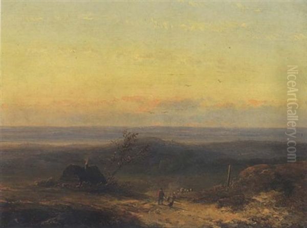 Schafer Mit Herde In Weiter Landschaft Oil Painting by Johannes Franciscus Hoppenbrouwers