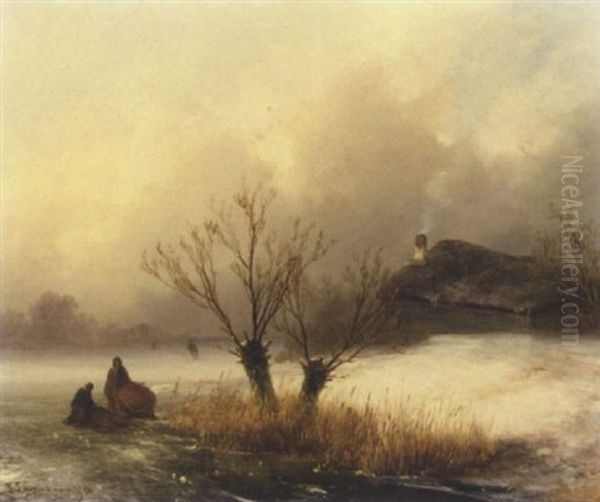 A Winter Landscape With Figures On A Frozen Waterway Oil Painting by Johannes Franciscus Hoppenbrouwers