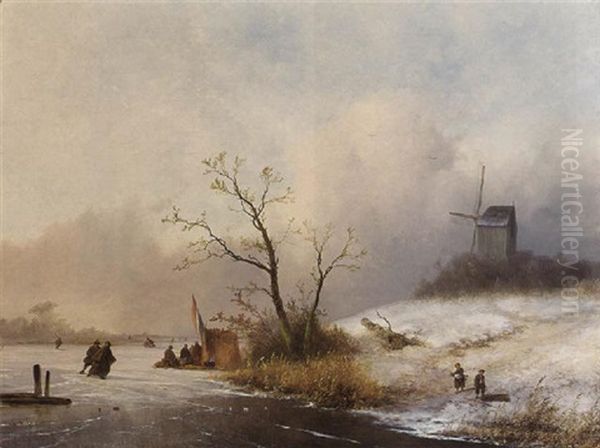 A Winter Landscape With Skaters Near A Koek En Zopie Oil Painting by Johannes Franciscus Hoppenbrouwers