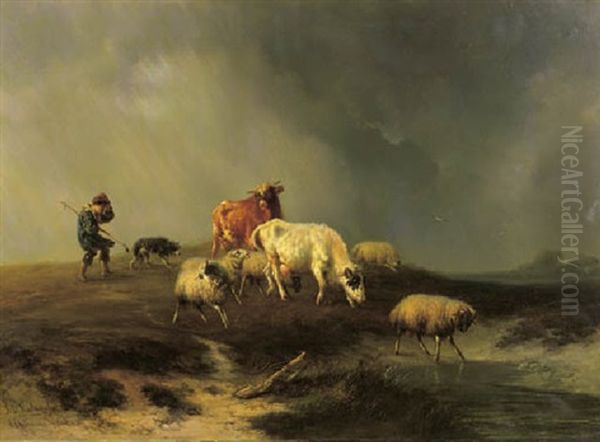 Een Kudde Vee Door Storm Overvallen: A Young Herdsman And His Flock Caught In A Storm Oil Painting by Johannes Franciscus Hoppenbrouwers