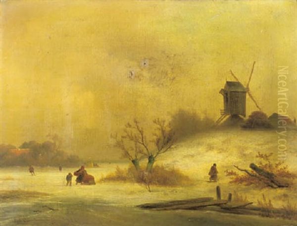 A Winter Landscape With Peasants Near A Windmill Oil Painting by Johannes Franciscus Hoppenbrouwers