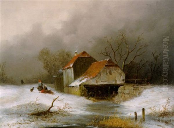 Winterlandschaft Mit Gehoft Oil Painting by Johannes Franciscus Hoppenbrouwers