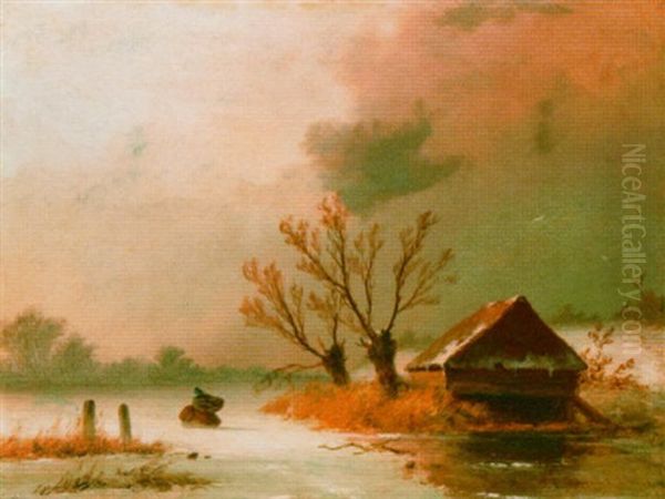 A Frozen Waterway With A Skater Oil Painting by Johannes Franciscus Hoppenbrouwers