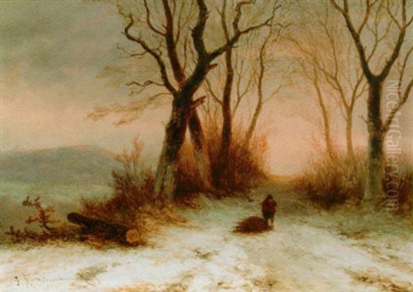 A Woodgatherer In A Winter Landscape Oil Painting by Johannes Franciscus Hoppenbrouwers