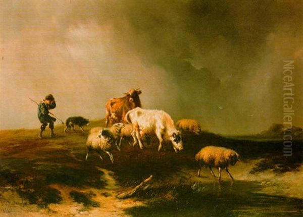 Herding Sheep Oil Painting by Johannes Franciscus Hoppenbrouwers