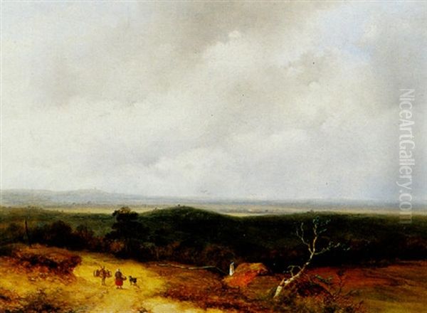 A Panoramic Summer Landscape Oil Painting by Johannes Franciscus Hoppenbrouwers