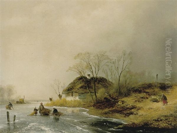 Hus Aan De Oever Van Een Bevroren Rivier Oil Painting by Johannes Franciscus Hoppenbrouwers