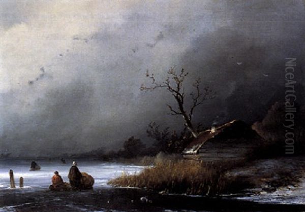 A Winter Scene Oil Painting by Johannes Franciscus Hoppenbrouwers