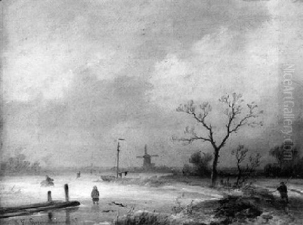 Figures In A Winter Landscape Oil Painting by Johannes Franciscus Hoppenbrouwers