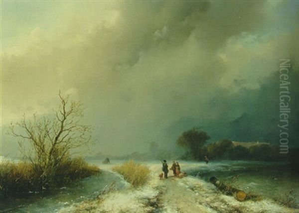 A Sportsman And Woodgatherers On A Snowy Track In A Winter Landscape Oil Painting by Johannes Franciscus Hoppenbrouwers