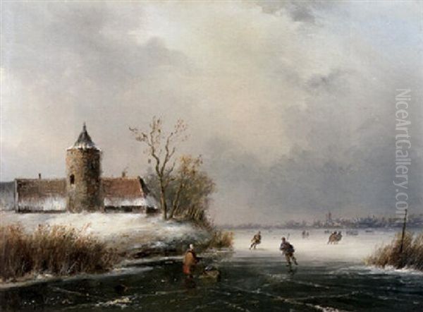 A Frozen Winter Landscape With Skaters Oil Painting by Johannes Franciscus Hoppenbrouwers