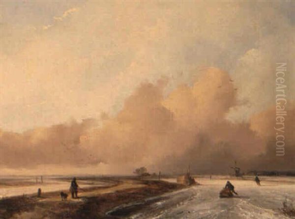 Winter Landscape Oil Painting by Johannes Franciscus Hoppenbrouwers