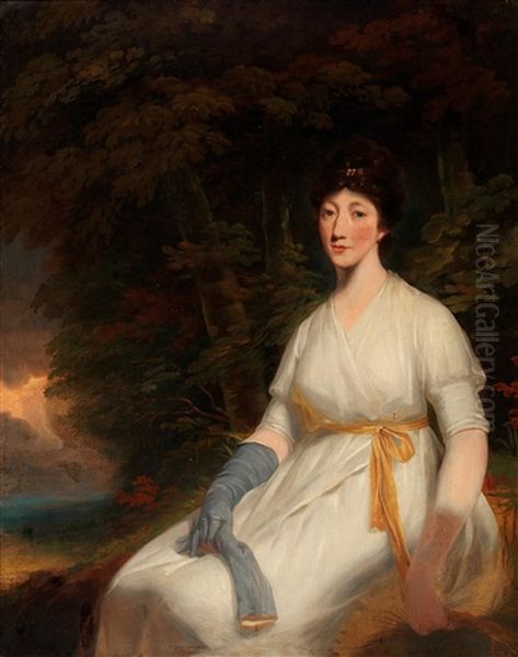 Portrait Of A Lady Set In A Landscape Wearing Grey Gloves Oil Painting by Sir John Hoppner