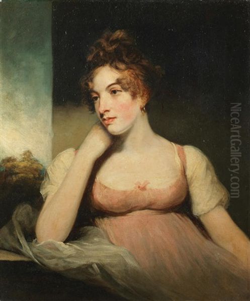 Portrait Of A Lady, Half-length, In A Pink Dress, Seated Before A Window Oil Painting by Sir John Hoppner