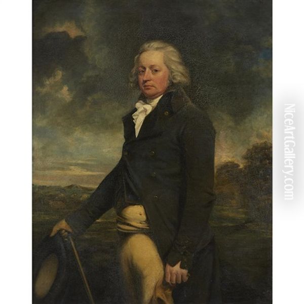 Portrait Of A Gentleman, Thought To Be Henry Wilson, Three-quarter Length, In A Green Coat, Stock And Breeches, Holding His Hat And Walking Cane, In A Landscape Oil Painting by Sir John Hoppner