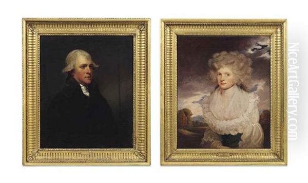 Portrait Of Rev. John Granville, Half-length, In A Black Coat And White Stock; And Portrait Of Mrs Granville, Half-length, In A Landscape Oil Painting by Sir John Hoppner